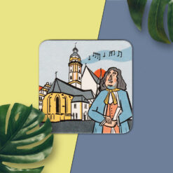 Leipzig-Bierdeckelpostkarte-Bach-an-der-Thomaskirche mit Hintergrund