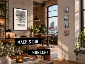 Hamburg Wohndekoration mit Kunstdruck und Bilder-Cubes im Wohnzimmer