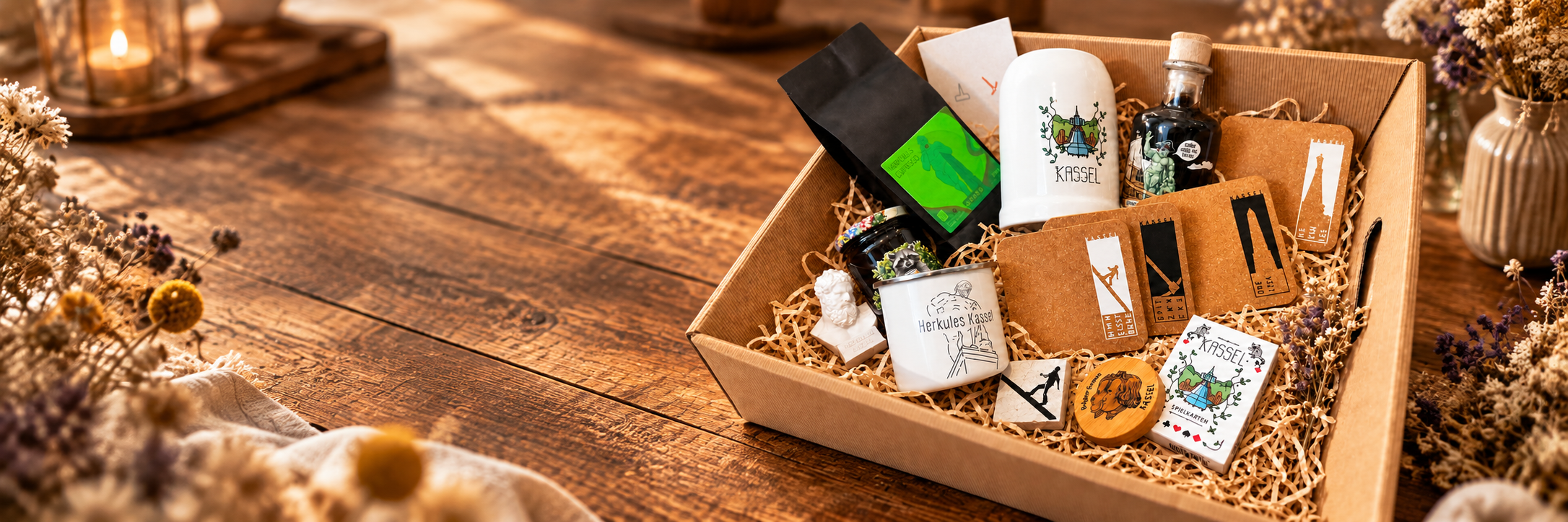 Firmengeschenke und Präsentkorb mit Kassel-Produkten auf einem Holztisch